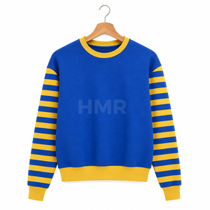 Sweat-shirt à col rond bleu HMR Sorority Sisterhood avec manches rayées jaunes, tricoté décontracté à manches longues, vêtement Sorority Sisterhood - Product Image 1