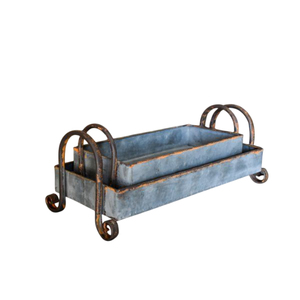 Juego de 3 bandejas de servir apilables de metal galvanizado con base de madera envejecida y asas de metal, decoración rústica para el hogar - Product Image 5