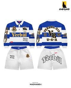 Custom Red & <b>White</b> Rugby Set | Striped Long Sleeve <b>Polo</b> Shirt & Shorts | OEM Preppy Streetwear Varsity Sportswear Manufacturer - Product Image 5