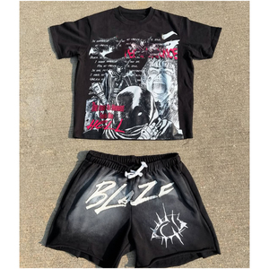 เสื้อยืดแขนสั้นและกางเกงขาสั้นเซ็ตสำหรับผู้ชาย ลายพิมพ์สกรีน สไตล์วินเทจ ย้อมสีแบบแอซิดวอช ขนาดโอเวอร์ไซส์ ดีไซน์และโลโก้สั่งทำได้ ผ้า 300gsm สินค้าใหม่รับซัมเมอร์ - Product Image 6