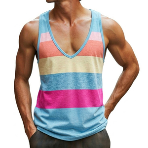 Custom <b>Logo</b> Men's Striped Tank Top Deep V-Neck Sleeveless Muscle Tee Wholesale Price Slim Fit Soft Cotton Casual Beach Tank Tops - Product Image 6