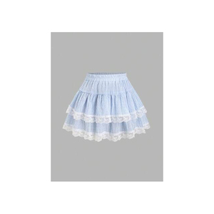 Jupe en tricot à volants taille haute pour femme, couleur unie, respirante, style doux, longueur au-dessus du genou, pour le printemps et l'été - Product Image 2
