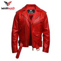 Veste de motard en cuir rouge pour homme, style CAFE RACER, coupe slim vintage avec ceinture et poches zippées