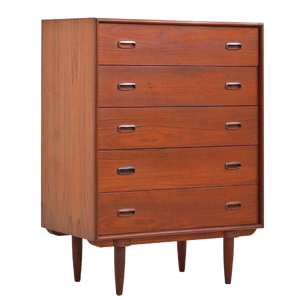 Mid-Century Modern Teak Wood 5-<b>Drawer</b> <b>Tallboy</b> <b>Chest</b> with Recessed Pull Handles and Tapered Legs - Product Image 1