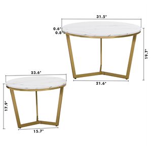 Modern 2-Piece White and <b>Marbling</b> Top <b>Coffee</b> <b>Table</b> <b>Set</b> with Gold Base Nesting Round Design - Product Image 6