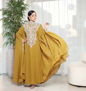 Elegant Mustard Yellow Abaya With Beaded Embroidery High Neck Long Sleeve Floor Length Modest Dress For Wedding India - Product Image 5