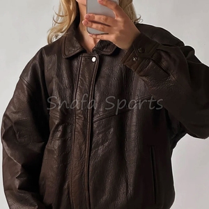 <b>Women's</b> Winter Oversize Vintage <b>Bomber</b> Sheep Skin Leather <b>Jacket</b> Knitted Breathable <b>Lightweight</b> Casual Leather <b>Jackets</b> - Product Image 3