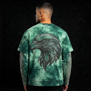 Camiseta de algodón 100% con cuello en V, gráfico verde lavado al ácido, oversize, personalizada para hombre, 2 en 1, con pedrería, manga larga, estilo Y2K, streetwear, al por mayor - Product Image 4