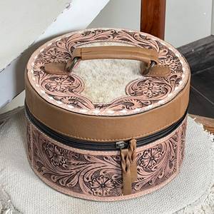 Nouvelle boîte à bijoux ronde en cuir pleine fleur, style vintage, avec gravures florales, durable, pour le rangement des bijoux - Product Image 2