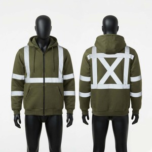 Veste de travail longue en molleton 100 % coton 320 GSM de qualité supérieure, vert olive, col rond, bande réfléchissante, logo personnalisé, robuste et imperméable - Product Image 1