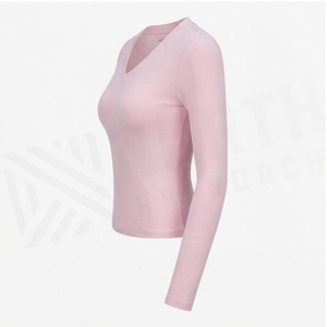 Camiseta de Yoga Rosa Sólida de Manga Larga con Cuello en V para Mujer, Ropa Deportiva Transpirable de Algodón y Spandex, Marca North Approach - Product Image 2