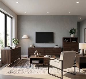 Industrial Linear Grain <b>Walnut</b> 4 Door Durable Center <b>Table</b> Midcentury Modern Handle-Free Design with Tapered Black Metal Legs - Product Image 5