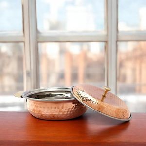 Hammered <b>Copper</b> Serving Dish with Lid Brass <b>Knob</b> Handle Stainless Steel Lining Handcrafted Tableware - Product Image 3