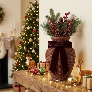 Wicker Flower Vase with Burgundy Velvet <b>Bow</b>, Rattan Decorative Floor Tabletop Urn Vase for Christmas & Holiday Home - Product Image 2