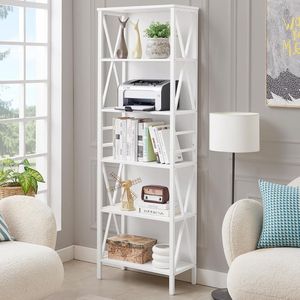 Étagère à livres moderne en métal blanc à 6 niveaux avec design en X pour le rangement et l'affichage dans le bureau à domicile, le salon ou comme meuble de rangement. - Product Image 6