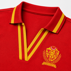 Polo de sororité NSPDK pour femme, rayures rouges et dorées, col en V, piqué, avec écusson brodé, tenue grecque, vente en gros - Product Image 4