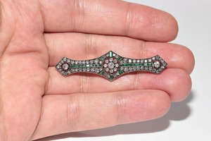 Broche vintage de plata 925 chapado en oro de 14k con moissanita, diamante y esmeralda, y diamante redondo para mujer y hombre. - Product Image 2