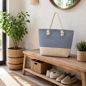 Sac de plage en toile de jute rayée de qualité supérieure |   Sac de courses réutilisable écologique avec poignées en corde, fermeture éclair et logo personnalisé - Product Image 5