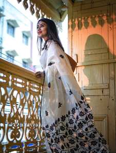 Sari indien traditionnel en coton imprimé blanc et noir, avec pièce de blouse non cousue pour femme, idéal pour les fêtes, toutes saisons, style indien et pakistanais. - Product Image 2