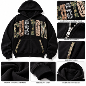 เสื้อฮู้ดซิปหน้าสีดำสำหรับผู้ชาย พร้อมลายพรางหลายสี ตัวอักษรกราฟิก และกระเป๋าแต่งขอบสีตัดกัน รุ่น B2B - Product Image 6