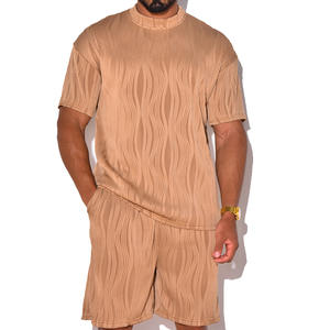 Ensemble deux pièces d'été surdimensionné et ample pour hommes, en coton épais 100%, avec t-shirts et shorts à fermeture éclair, fabrication OEM/ODM sur mesure - Product Image 3