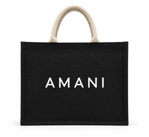 AMANI กระเป๋าช้อปปิ้งผ้าปอกระเจาขนาดใหญ่ สีดำ พิมพ์ลายตัวอักษร หูหิ้วเชือก ขนาด 16x12x6 นิ้ว - Product Image 1