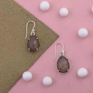 Natural Peach Moonstone Oval Cabochon Drop <b>Earrings</b> 925 Sterling <b>Silver</b> Handmade <b>Dangle</b> <b>Earrings</b> for Women Jewelry Gift - Product Image 2