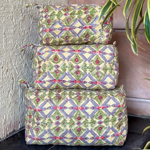 Luxury Jaipur Hand Block Printed Travel Pouch Set Quilted Cotton Cosmetic Organizer Waterproof Washable <b>Storage</b> Bags Daily Use - Product Image 3
