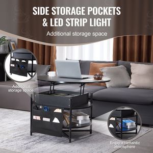Tavolino da Caffè Rotondo con Piano Sollevabile da 35,3 Pollici, Tasche Extra per lo Stoccaggio, Design Pop-up per Soggiorno - Nero - Product Image 4