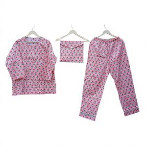 ชุดนอนผ้าฝ้ายแท้ 100% พิมพ์ลายบล็อกด้วยมือ คอกลม นุ่มสบาย หรูหรา โรแมนติก ขายดี สำหรับผู้หญิงและเด็กผู้หญิง - Product Image 1