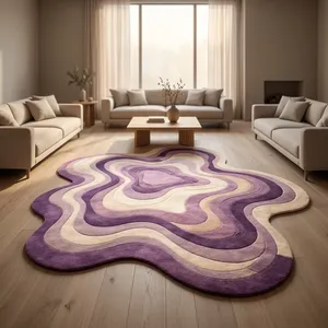 Tapis de salon moderne à motif vague abstrait, forme originale, en laine et acrylique, à poils épais et touffeté - Product Image 2