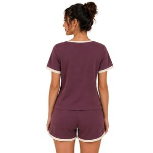 Conjunto de Dos Piezas para Mujer, Color Morado, Top Corto con Cuello Cuadrado y Botones, Ribete en Contraste Crema, Ropa Casual de Verano de Algodón, Estilo Lounge, OEM - Product Image 2