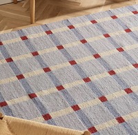 Tapis en laine fait main de luxe HARI ENTERPRISES HE483, motif à carreaux bleu doux, tissage plat, dos réversible, épaisseur moyenne, pour salon