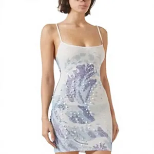 100% Polyester Luxury <b>Beaded</b> <b>Fabric</b> Sequin Embellished Heavyweight Blackout Bodycon Mini Dress with Spaghetti Straps - Product Image 3