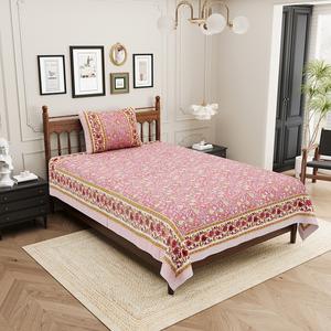 HEAVENBIRDS B29 Draps plats imprimés bleus à motif floral, 1 housse de coussin incluse, ensembles de housses en coton 300 fils, écologiques - Product Image 1