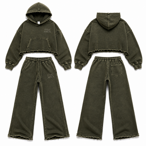 Conjunto deportivo de sudadera con capucha corta y pantalón de pierna ancha de felpa francesa de alto gramaje, color verde oliva, con lavado ácido y efecto desgastado, para mujer, de ONE APEX - Product Image 6