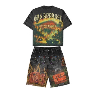 Custom Men's Oversized Graphic T <b>Shirt</b> Denim Shorts Set Heavyweight Cotton Streetwear <b>Y2K</b> Vintage Acid Wash 2 Piece Summer - Product Image 1