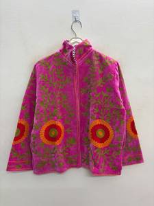 Handmade <b>Velvet</b> Suzani Embroidered Jacket for <b>Women</b> Floral Pattern Zip Up Short <b>Coat</b> Boho Outerwear - Product Image 1