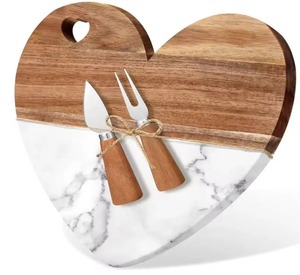 Highest Quality Heart-Shaped Wood and Marble Chopping Board with <b>Cheese</b> Knife and Fork <b>Set</b> - Product Image 6