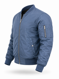 Blouson bomber bleu marine pour homme, col montant, fermeture éclair, coupe-vent décontracté en polyester, couleur unie, idéal pour l'automne - Product Image 4