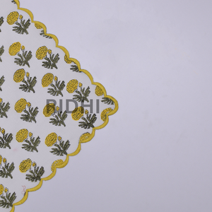 Serviettes de table en coton jaunes à motifs floraux imprimés à la main avec broderie, serviettes réutilisables faites à la main pour mariage, hôtel, approvisionnement en gros - Product Image 6