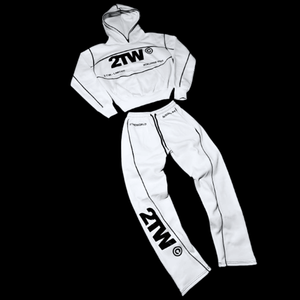 White Cropped <b>Zip</b> <b>Up</b> Hoodie Tracksuit Set | Contrast Piping Streetwear Sweatsuit | Custom OEM Private Label Fashion Manufacturer - Product Image 1