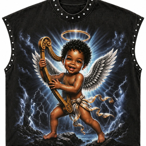 Débardeur en coton personnalisé, effet délavé vintage, clouté, épais, avec imprimé graphique Angel Harp, à épaules tombantes, sans manches, style streetwear - Product Image 4