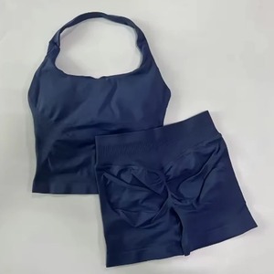 Ensemble short et crop top dos nu noir pour femme, taille mi-haute, sans couture, en spandex et polyester, tenue de sport unie sans manches - Product Image 3