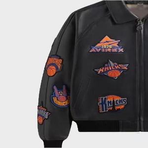 Kith X Avirex New York Knicks Leather Bomber Jacket Windproof <b>Heated</b> Eco-Friendly Black Patch Varsity Premium Streetwear <b>Coat</b> - Product Image 2