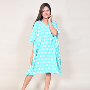 Turquoise Polka Dot V-Neck <b>Loose</b> Midi <b>Dress</b> Casual Summer Woven Cotton Breathable Short Sleeve <b>Dress</b> - Product Image 4