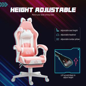 Sedia da gaming regolabile in altezza con poggiapiedi girevole, poggiatesta e supporto lombare in similpelle rosa - Product Image 5