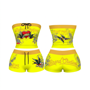Ensemble short 2 pièces rouge pour femme, motif lettres, haut sans bretelles, short au-dessus du genou, décontracté, coton et polyester, pour printemps et été - Product Image 6
