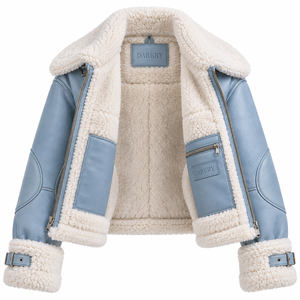 Light Blue Womens Shearling Leather Jacket Winter Warm Sherpa Lined Outerwear Ladies Buckle Collar Zip Up Cozy Biker Garment - Product Image 5