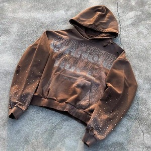 Sweat à capuche oversize délavé à l'acide avec logo personnalisé en strass, style streetwear, sans cordon de serrage, pour hommes et femmes - Product Image 5